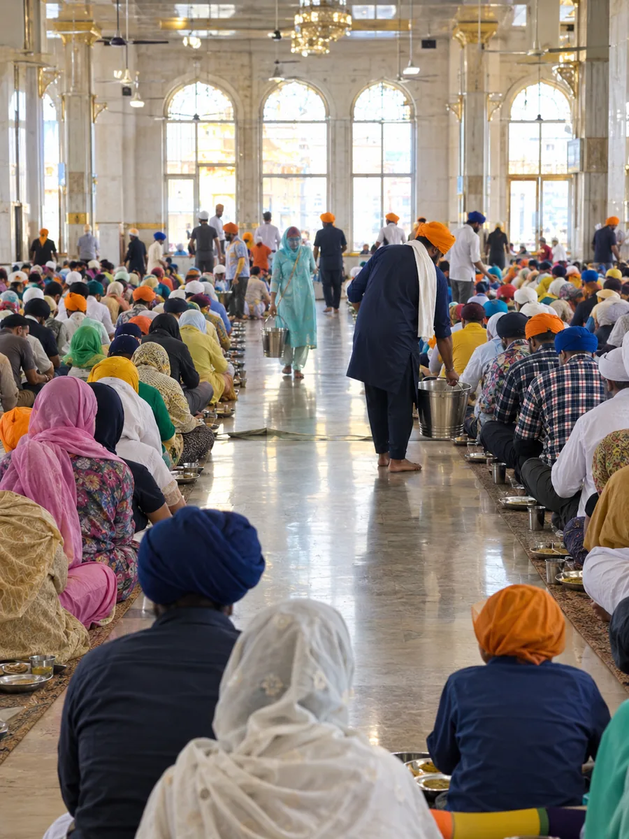 एक लंबे हॉल में फ़र्श की चटाइयों पर सिर ढककर पंक्तियों में बैठे लोग, और स्टील की बाल्टियों से भोजन परोसते सेवादार