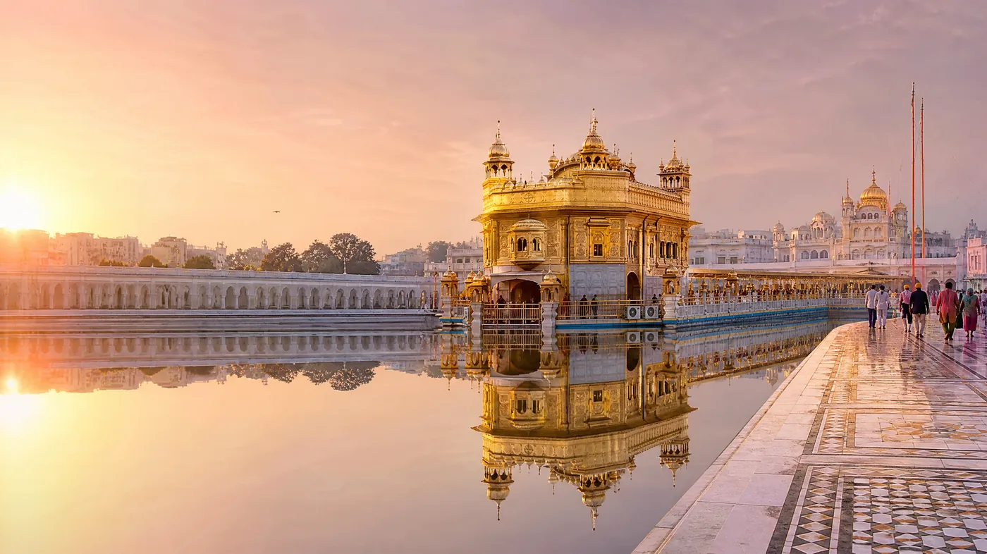 सूर्योदय के समय गुलाबी और सुनहरी रोशनी में सुनहरा मंदिर और शांत सरोवर पर उस तक जाने वाला पुल